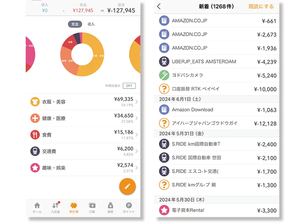 『マネーフォワード ME』のアプリ画面　支出明細