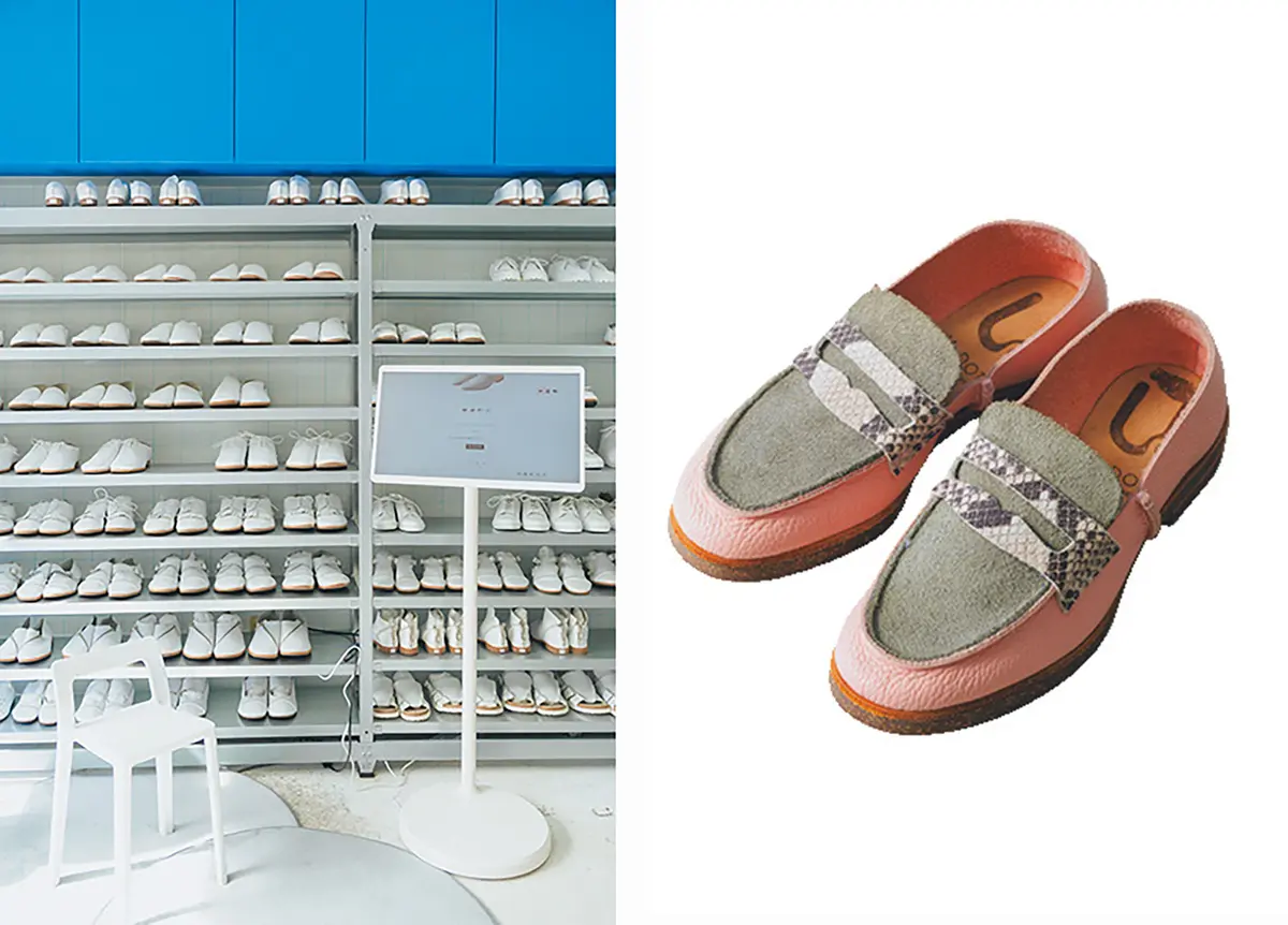（左）店頭もしくはオンラインでオーダー。パーツ見本も豊富で楽しい！　（右）ローファー￥26400〜