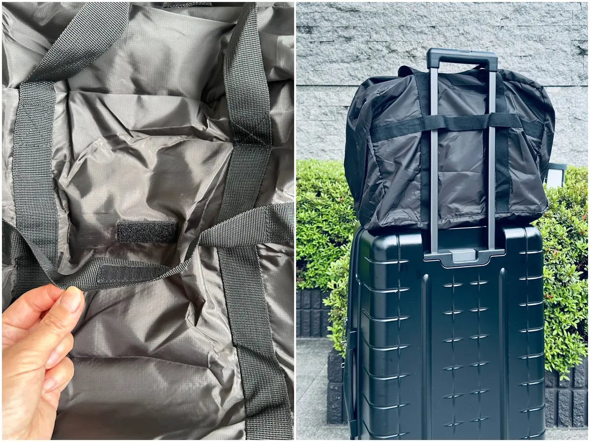 たためる 撥水 旅に便利なボストンバッグ（75Ｌ用）￥4990／良品計画（無印良品）を手持ちのキャリーケースのハンドルに装着した図