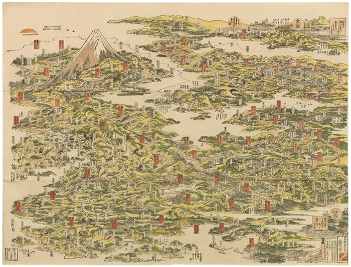葛飾北斎《東海道名所一覧》島根県立美術館蔵（永田コレクション）　…戴斗期の数少ない錦絵。精緻を極めた大型の版画作品です