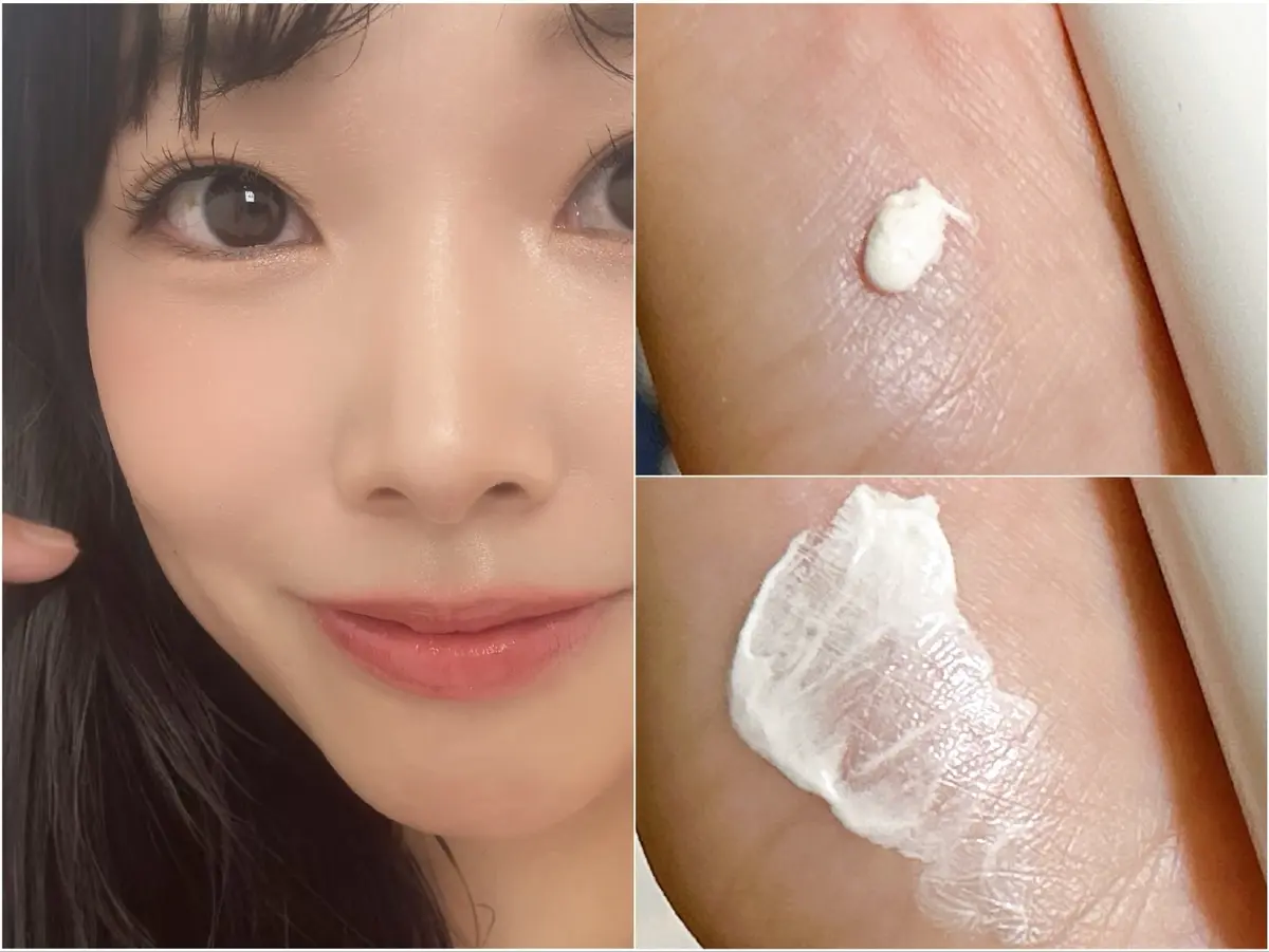 ハイライト効果のあるUVアイテムを顔に試した様子