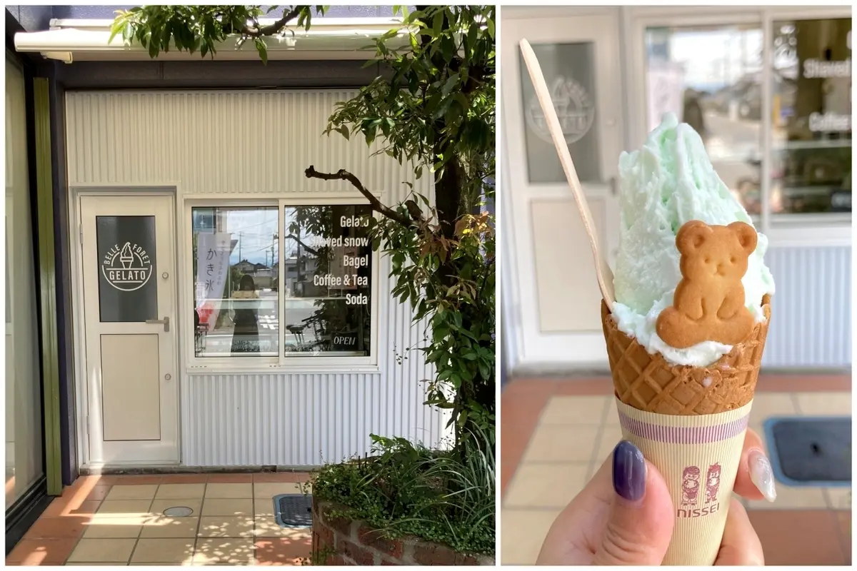 木陰にたたずむフォトジェニックな「ベルフォレ ジェラート ショップ（BELLEFORET GELATO SHOP）」外観。ジェラートはコーンとカップの2種。どちらもくまのクッキー付き