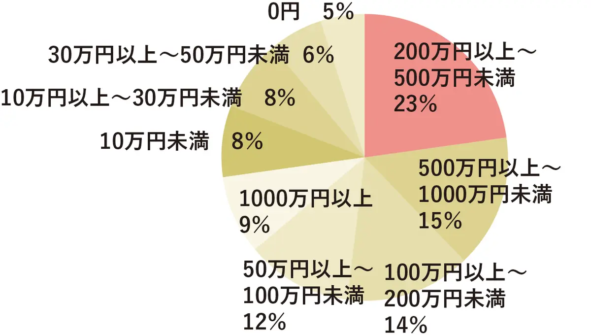 200万円以上～500万円未満 23％　500万円以上～1000万円未満 15％　100万円以上～200万円未満 14％　50万円以上～100万円未満 12％　1000万円以上 9％　10万円未満 8％　10万円以上～30万円未満 8％　30万円以上～50万円未満 6％　0円 5％
