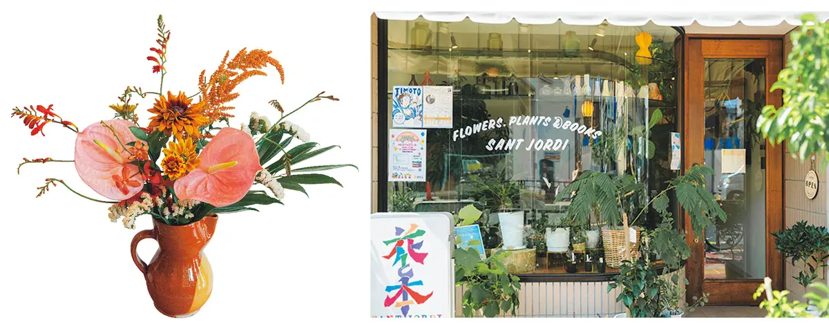 （左）秋をイメージしたブーケ￥5000　（右）季節の花に加え、グリーンも種類豊富。おしゃれなショップと、市川さんの優しい人柄も魅力