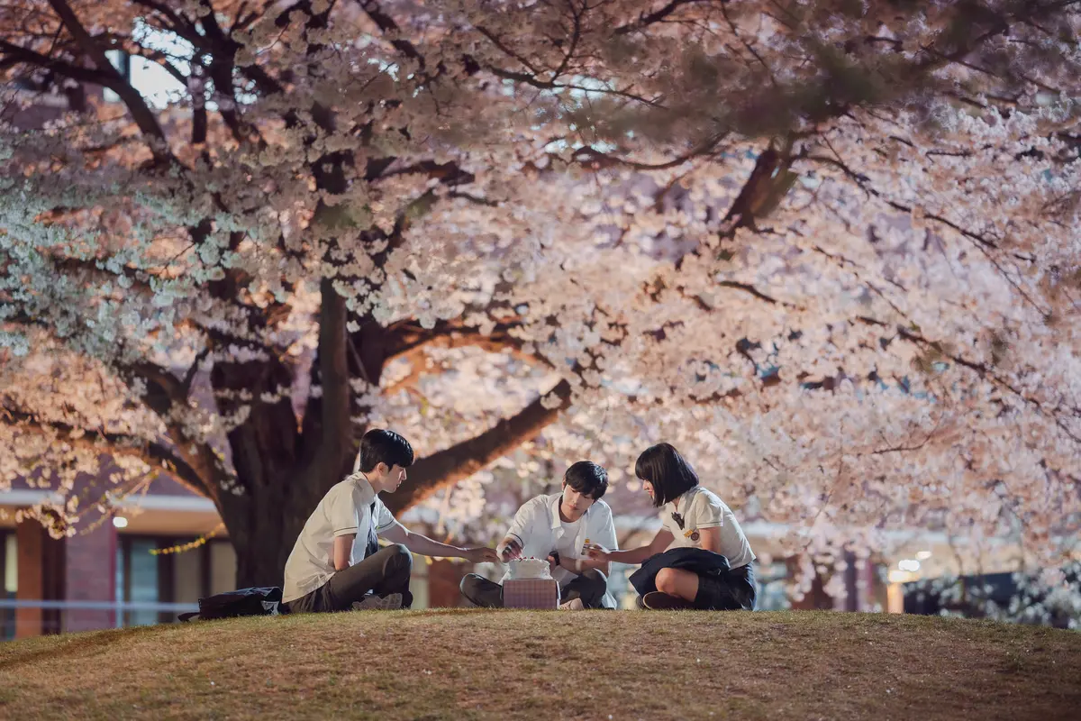いつかの君に　春、桜の木の下で同級生３人でケーキを食べるシーン
