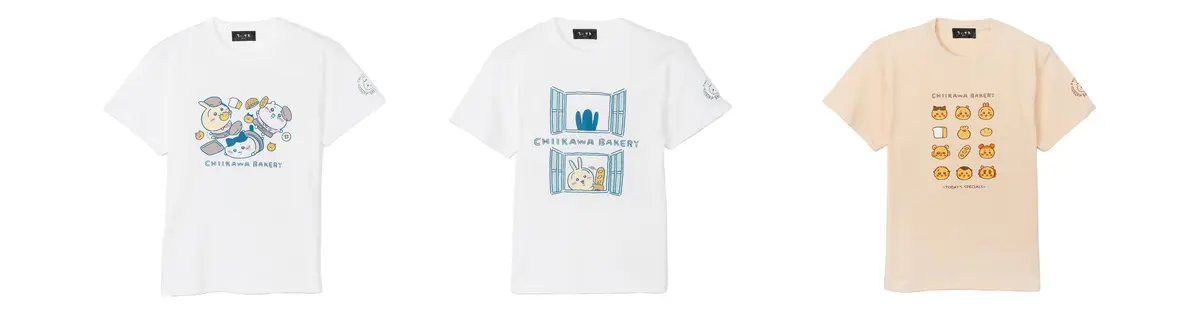 ちいかわベーカリー／ちいかわベーカリー Tシャツ 転びまくるトリオ ホワイト（M/L/XL）  税込3,080円  ・ちいかわベーカリー Tシャツ 窓からチラッと ホワイト（M/L/XL）  税込3,080円  ・ちいかわベーカリー Tシャツ  CHIIKAWA BAKERY ナチュラル（M/L/XL）  税込3,080円