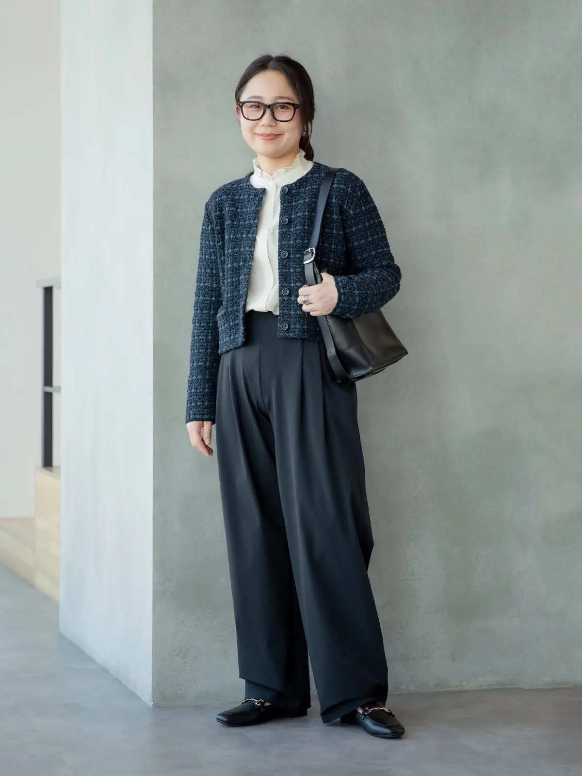 ユニクロ　リブポロカーディガン　パンツコーデ