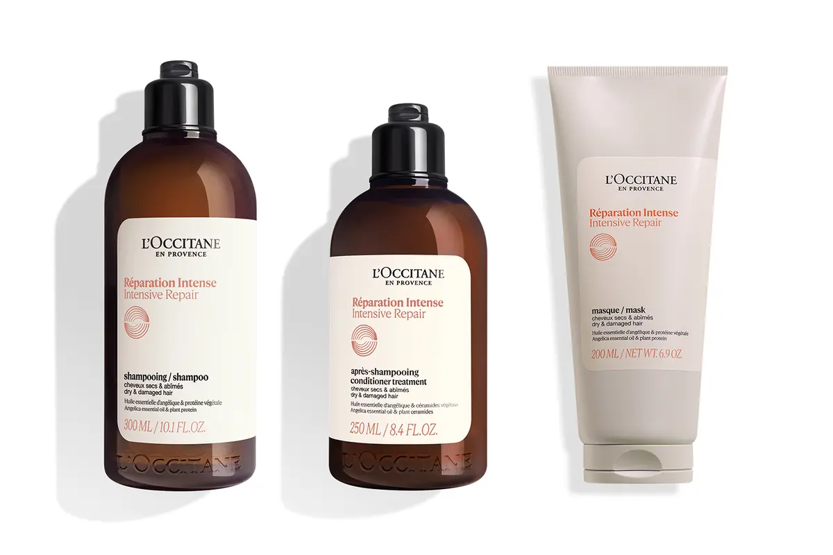 インテンシヴリペア　シャンプー　コンディショナートリートメント　ヘアマスク　製品写真　梅雨対策ヘアケア2025　ロクシタン