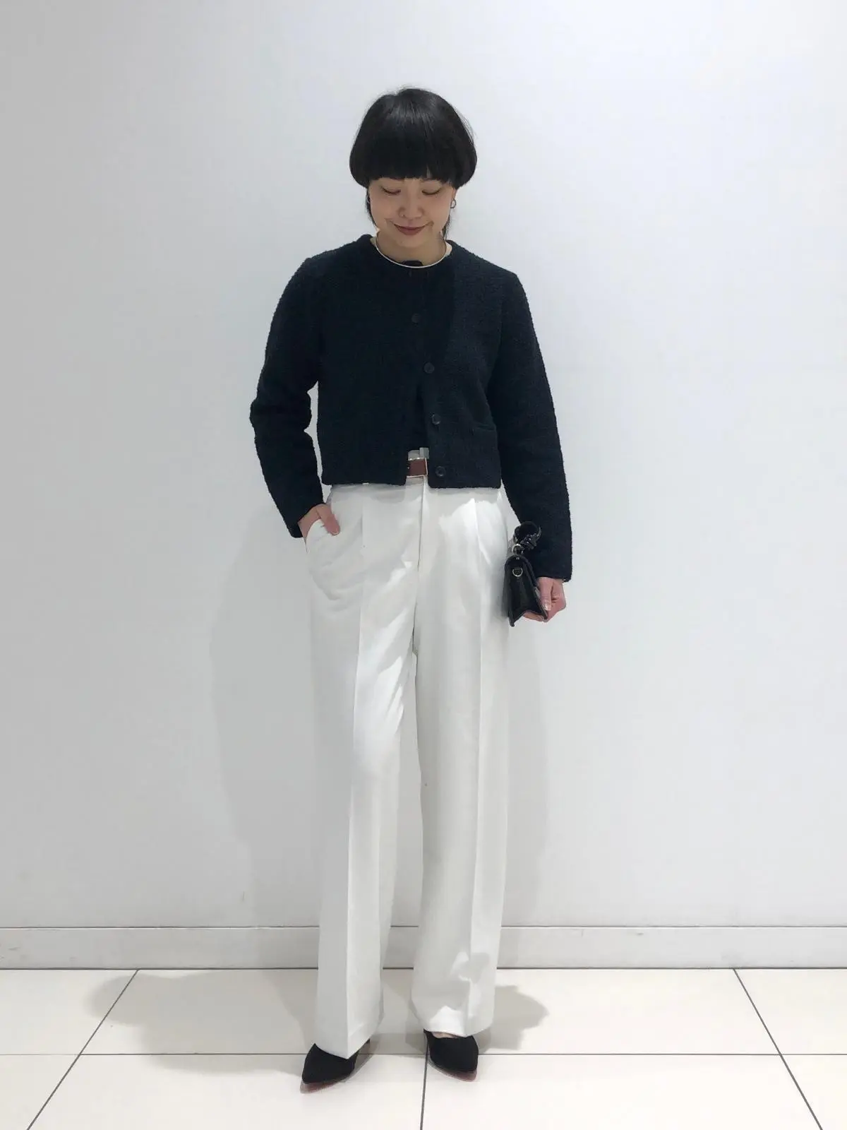 ユニクロ　リブポロカーディガン　ギャザスカートコーデ