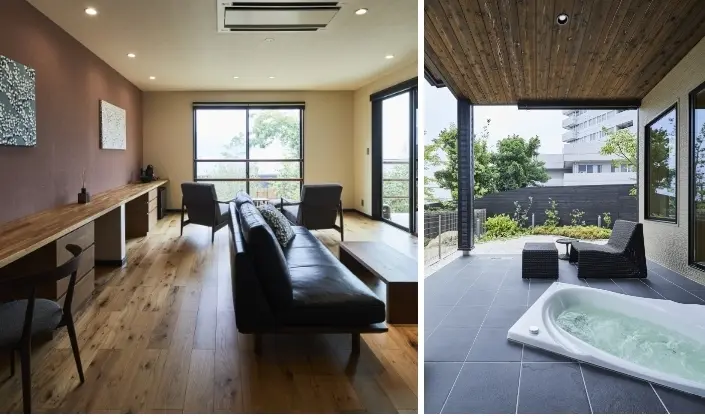 「宮島離れの宿 IBUKU」別邸は、四季の草木をテーマに10棟それぞれがこだわりの内装と家具、露天風呂を採用。左：別邸「梅」の客室。右：別邸の室内浴室（一例）。