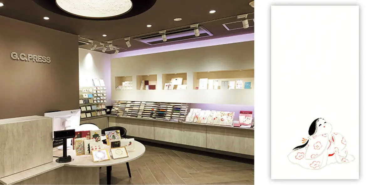 ギフトコンシェルジュ真野さんおすすめの『G.C.PRESS』店内と『嵩山堂』のお福さん一筆箋