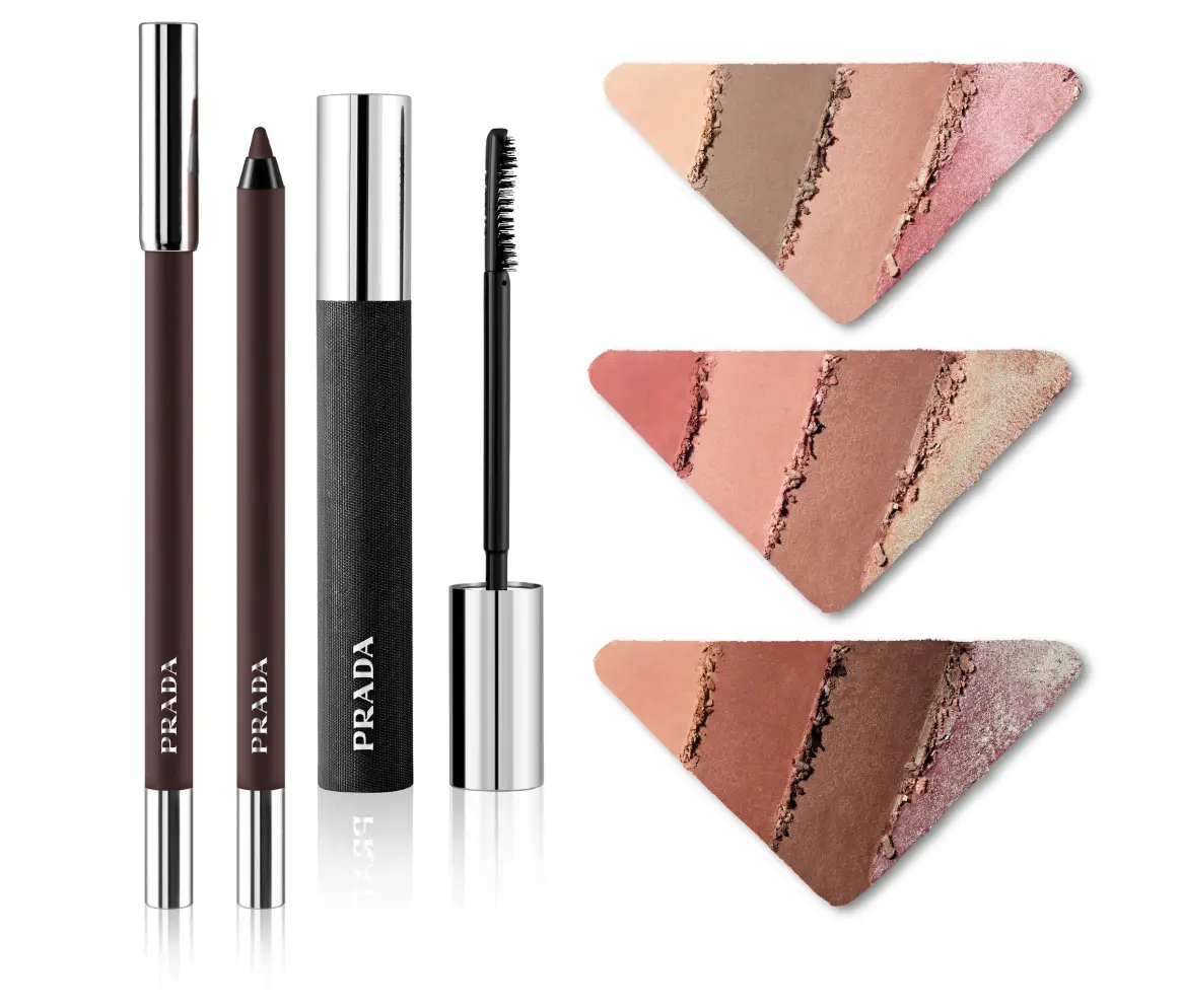 PRADA BEAUTY プラダ ビューティ ダイメンションズ ホロヌード アイシャドウ パレット ラインズ デュラブル グライディング アイペンシル スコープ ラッシュ エクステンディング ボリューム マスカラ 2025夏新色　製品画像 オフィスメイク ナチュラルメイク　