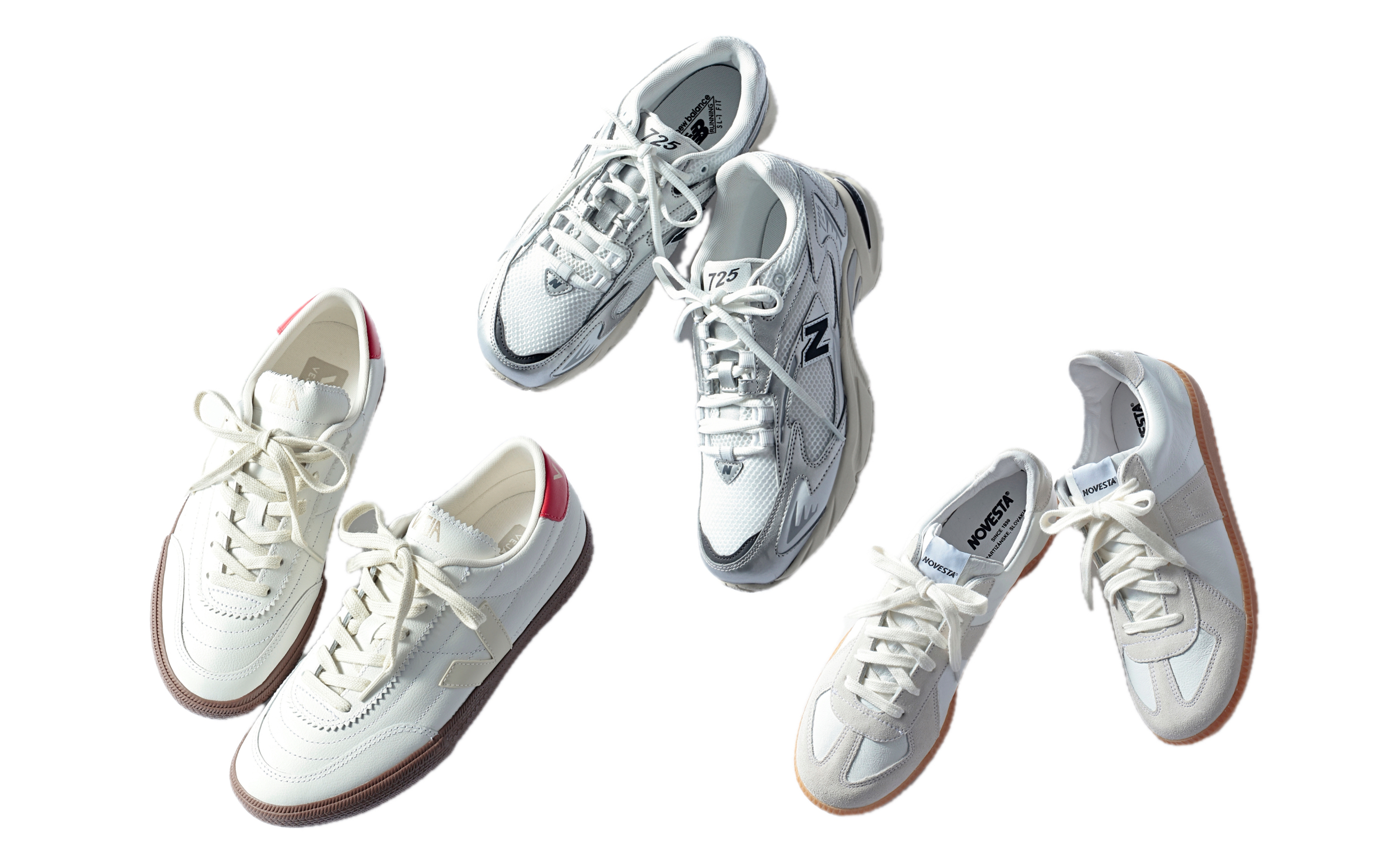 ニューバランス、ノヴェスタ、ヴェジャの大人の白スニーカー3選